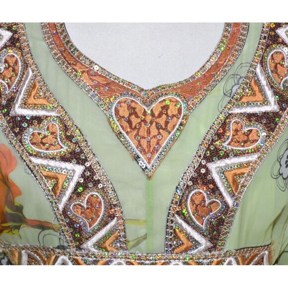 Middle East Arabian Green Floral Maxi Evening Dress Gown  XL 1X Sequin Ruffles - Picture 3 of 16